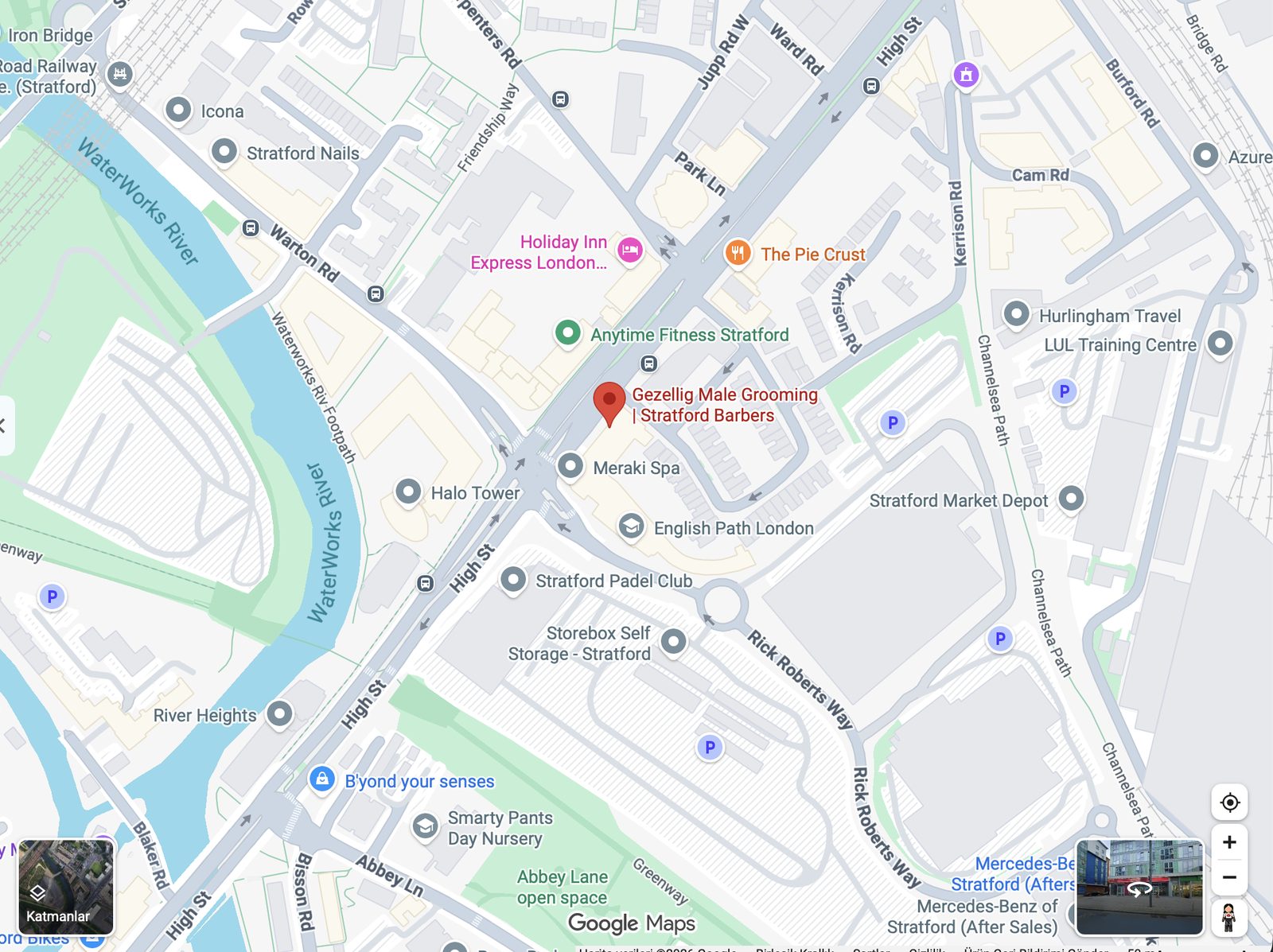 Google Maps view of 257 High Street, Stratford, with Gezellig Male Grooming marked by the red pin